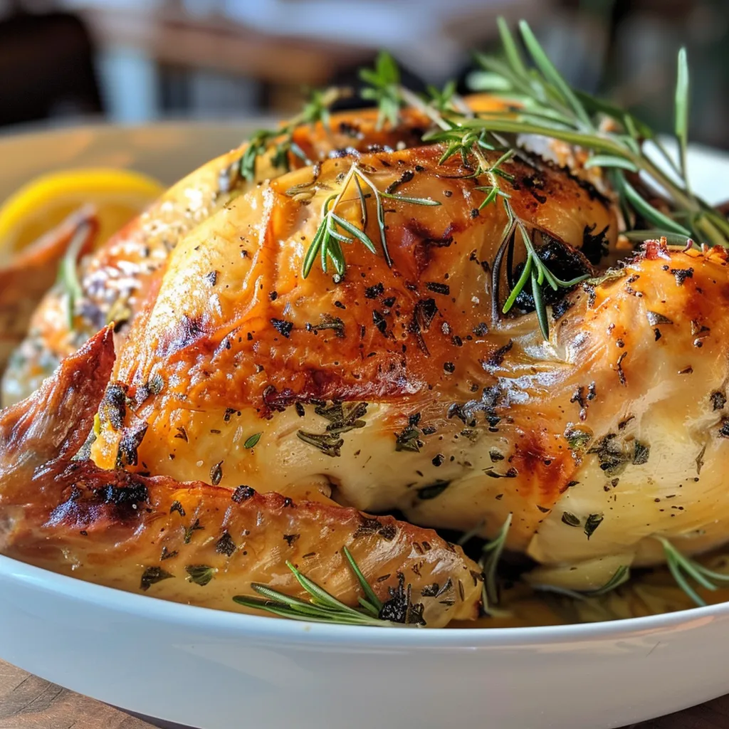 Detailed image of a whole roasted chicken, featuring herbs and a vibrant lemon for decoration.