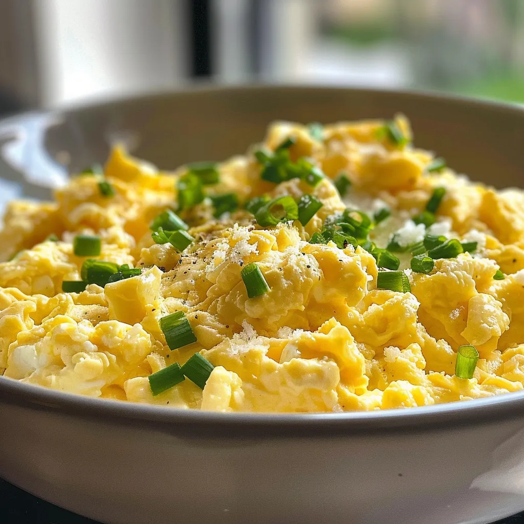 Rich and fluffy scrambled eggs ready for cooking.
