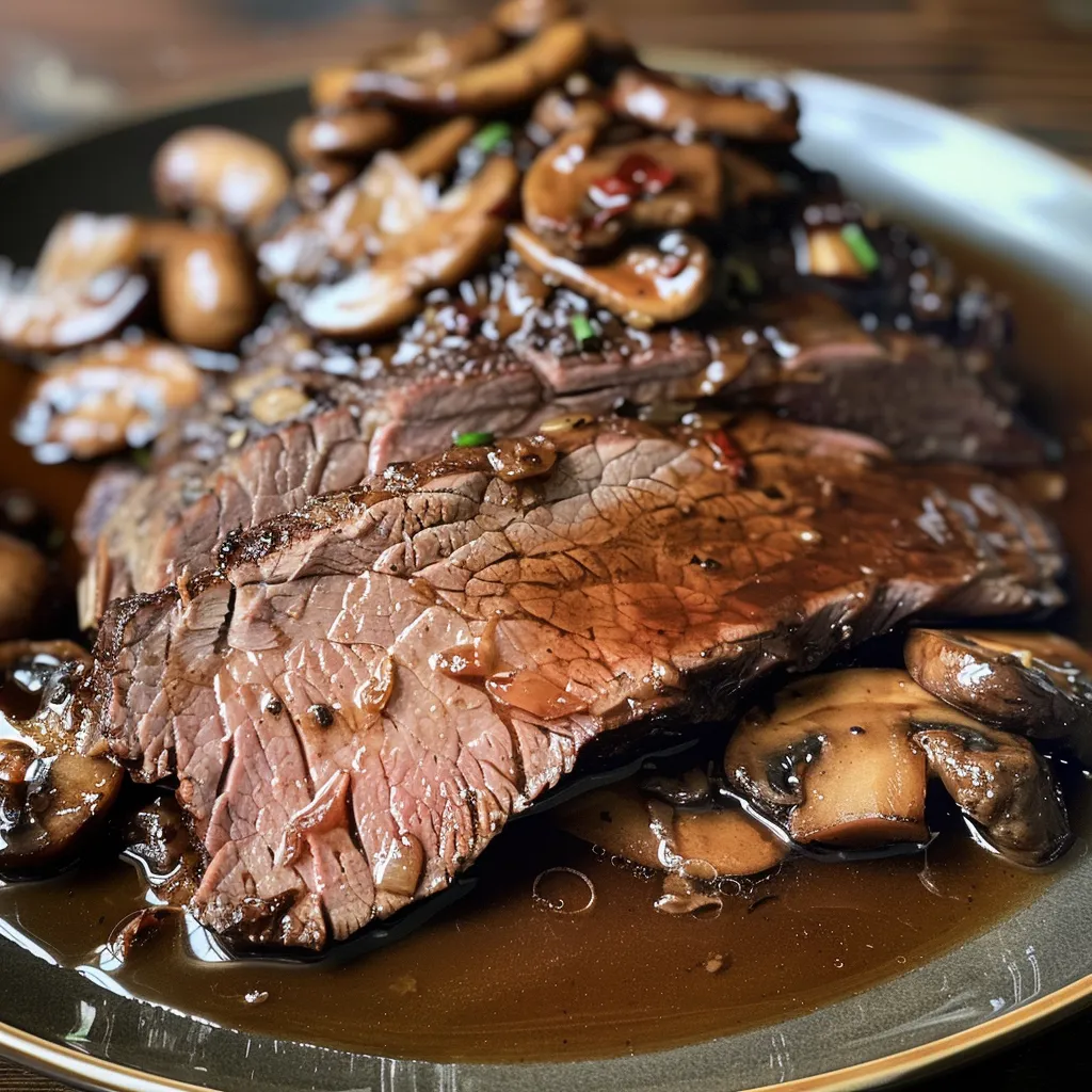 Mouthwatering roast beef with a dark glossy glaze and surrounding vegetables.