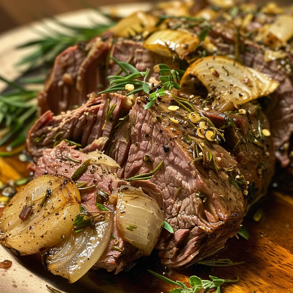 Mouthwatering beef roast with visible spices and vegetables, ready to serve.