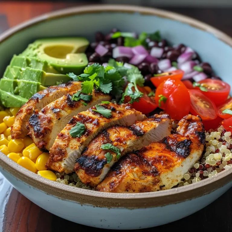Detailed shot of a Smoky Grilled Chicken Quinoa Bowl featuring grilled chicken and fresh veggies.