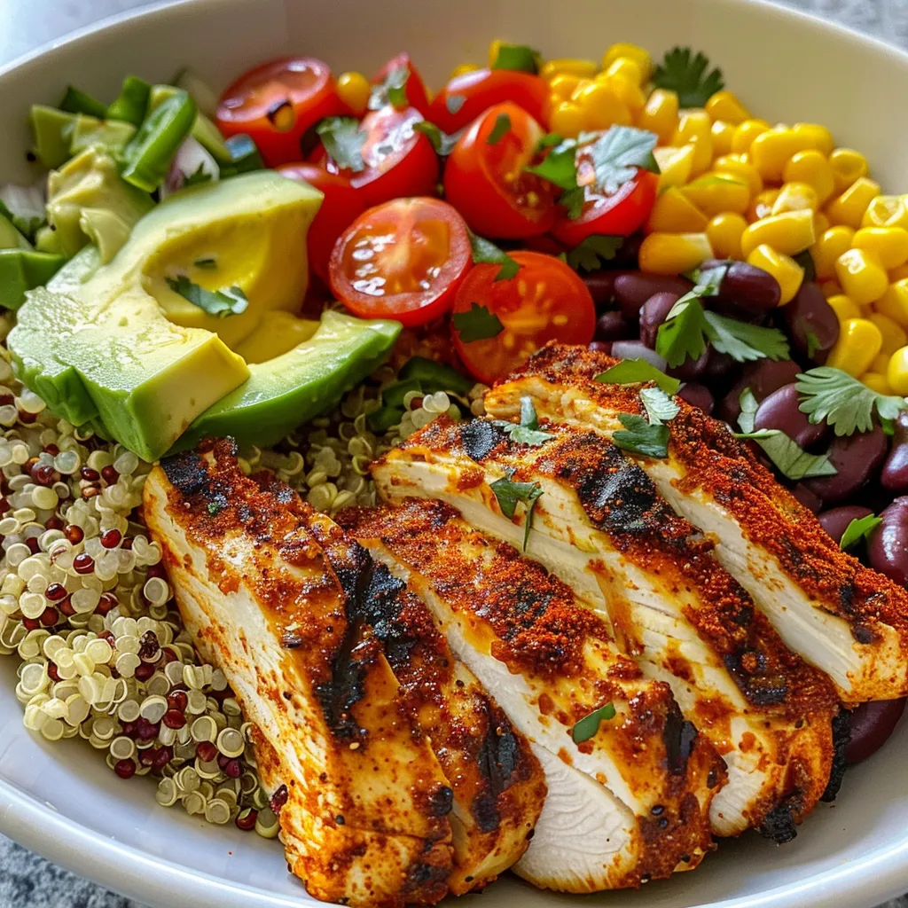 Appetizing assembly of a Smoky Grilled Chicken Quinoa Bowl showcasing colorful ingredients.