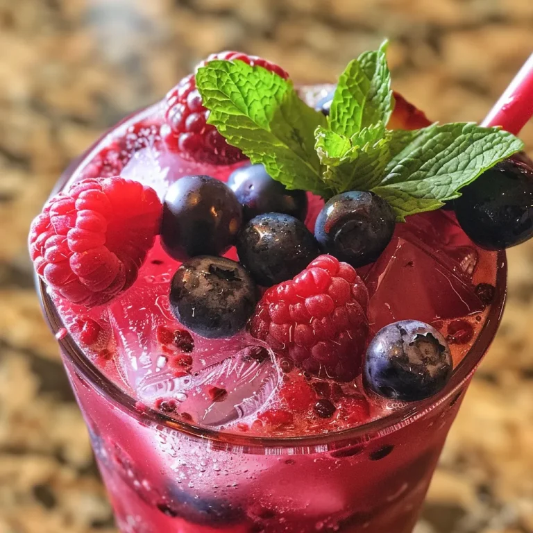 Glass of sparkling lemonade filled with colorful mixed berries, appearing cool and inviting.