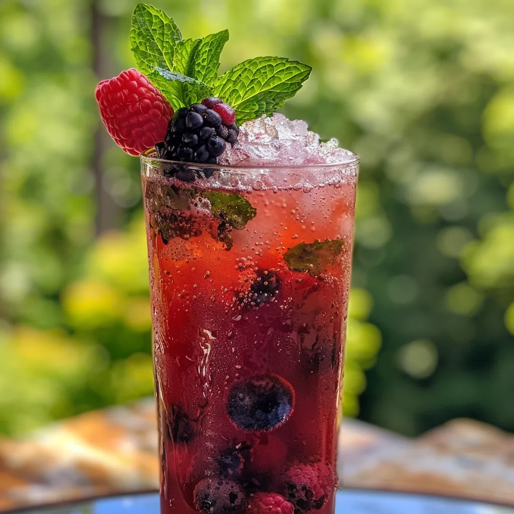 Juicy Sparkling Berry Lemonade with fresh berries and mint, captured in a close-up photo.