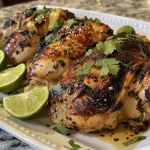 Whole spatchcocked chicken marinated and grilled, with herbs and lime zest visible on the surface.