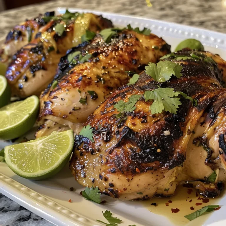 Whole spatchcocked chicken marinated and grilled, with herbs and lime zest visible on the surface.