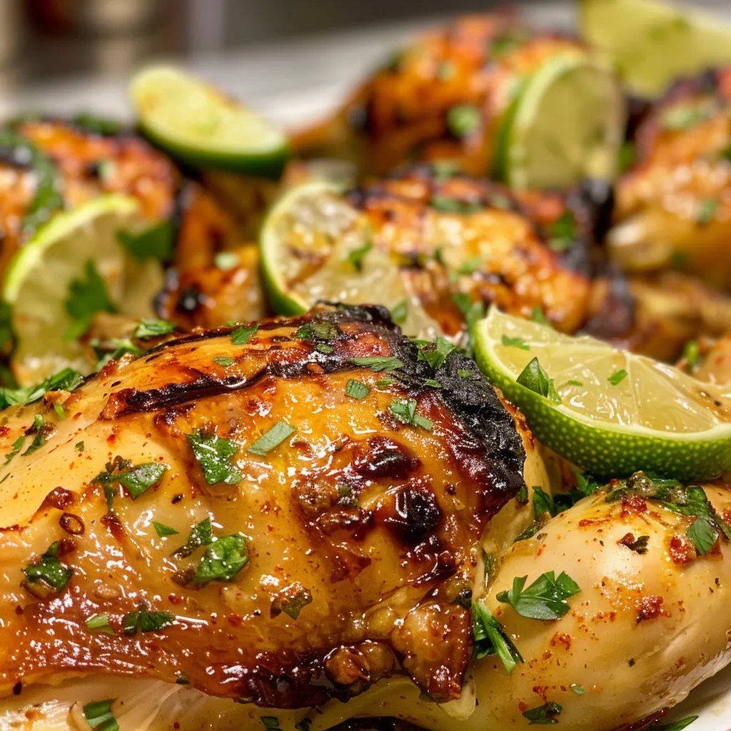 Deliciously charred spatchcocked chicken with visible spices and a side of lime slices.