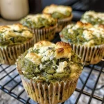 A savory muffin filled with spinach and feta cheese, displayed on a wooden surface.
