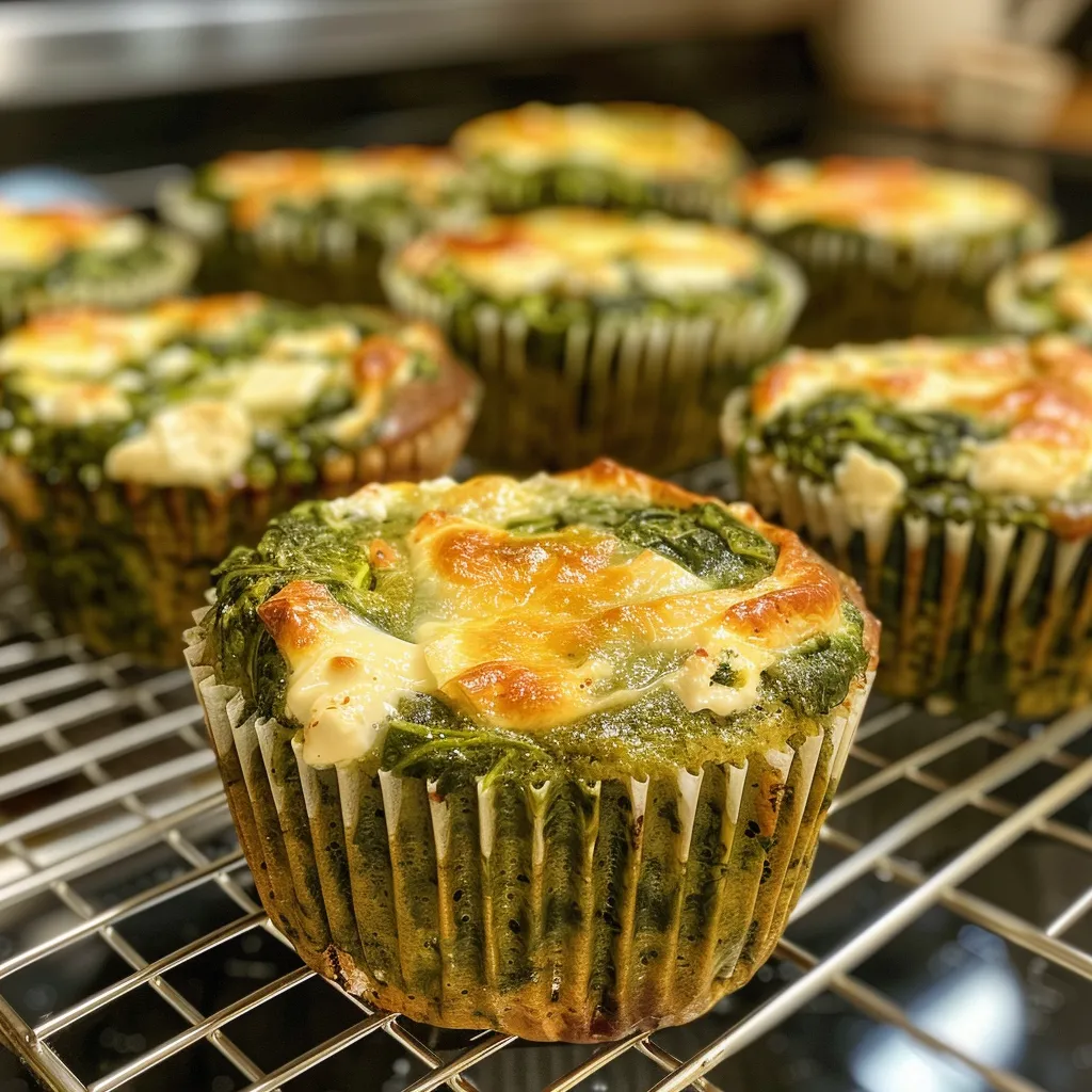 Juicy spinach-feta muffin with a crumbly top, highlighting the vibrant green spinach.