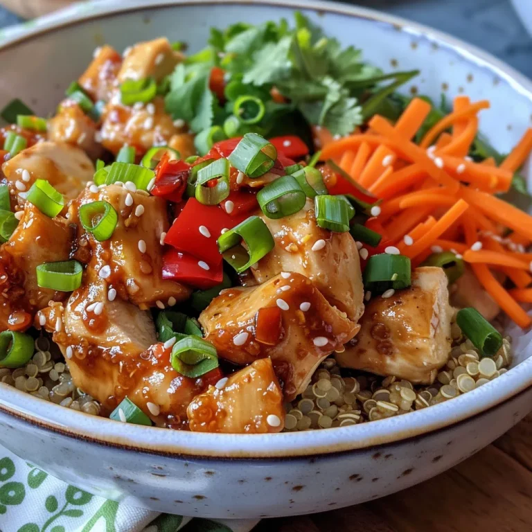 A deliciously layered bowl of quinoa topped with sweet chili chicken, bell pepper, and green onions.