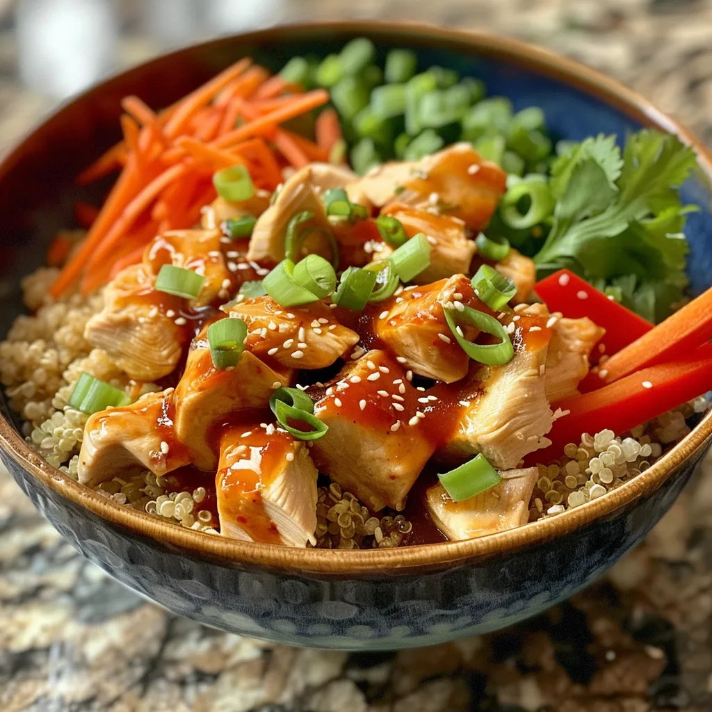 A savory Sweet Chili Chicken Quinoa Bowl showcasing cooked quinoa, chicken, and colorful veggies.