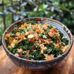 A serving of Kimchi Crispy Rice Salad showcasing juicy vegetables and a mix of flavors in a bowl.