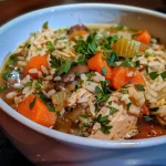 A detailed look at a warm bowl of chicken and rice stew, highlighting the tender pieces of chicken and vibrant veggies.