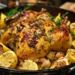 Detailed shot of roasted chicken, glistening with olive oil and seasoned with thyme.