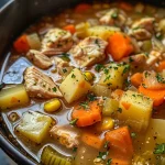 A detailed view of nourishing chicken soup filled with carrots, celery, and herbs, garnished with parsley.