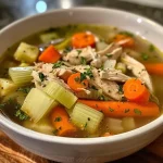 Detailed image of a hearty chicken soup filled with fresh ingredients in a rustic bowl.