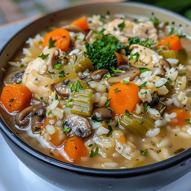 Close-up image of Nana's Chicken and Rice Stew, featuring a rich blend of chicken, rice, and herbs in a hearty broth.