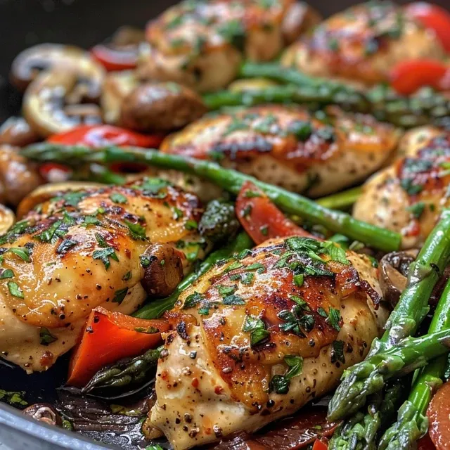 Brightly colored One Pan Italian Chicken Skillet filled with chicken and assorted vegetables.