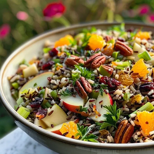 Fresh wild rice salad filled with herbs, nuts, and fruits, presented in a bowl.