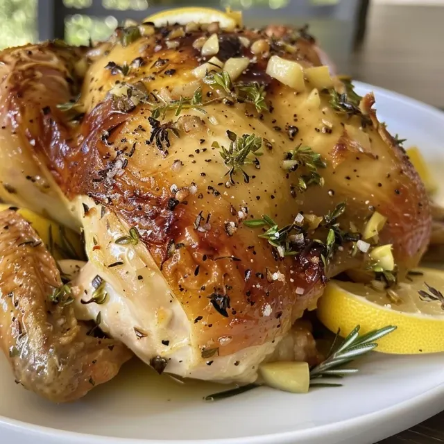 Mouthwatering Lemon Garlic Roasted Chicken served on a rustic plate, showcasing the crispy skin.