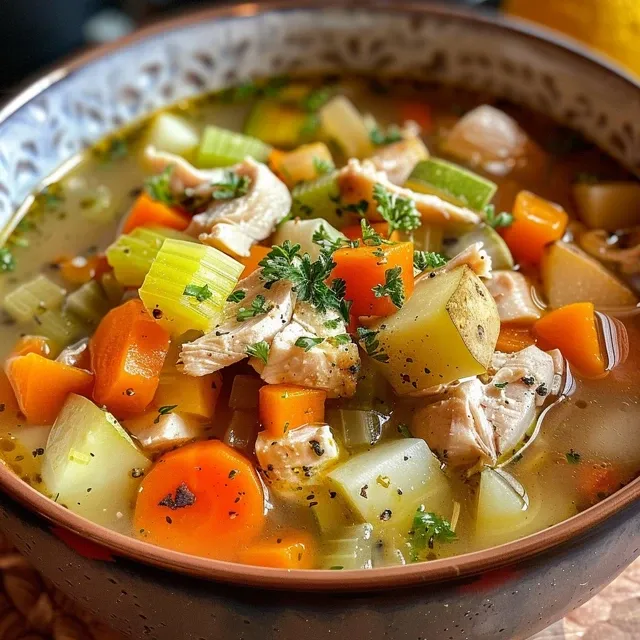 Warm bowl of Hearty Chicken and Vegetable Soup featuring chunks of chicken and a variety of fresh vegetables.