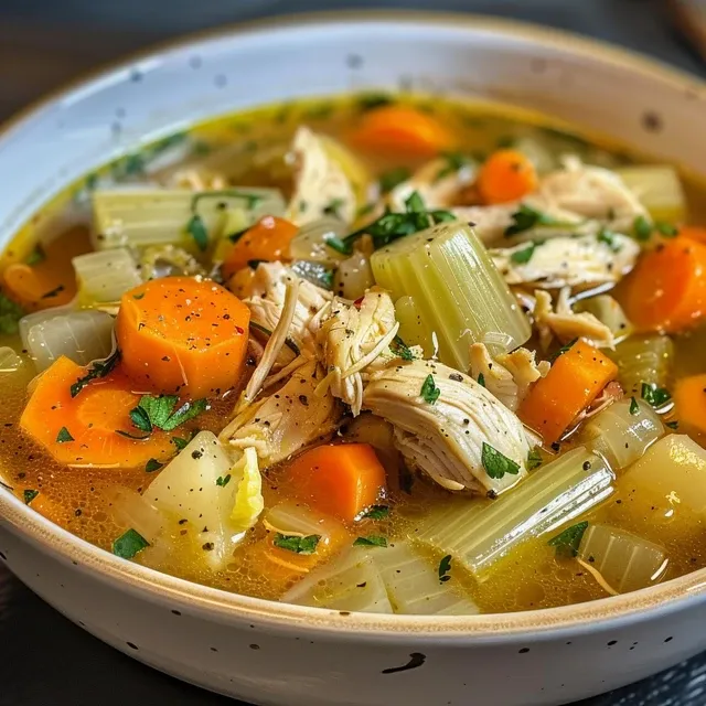 Close-up perspective of Ultimate Chicken Soup highlighting chicken and vegetable texture.