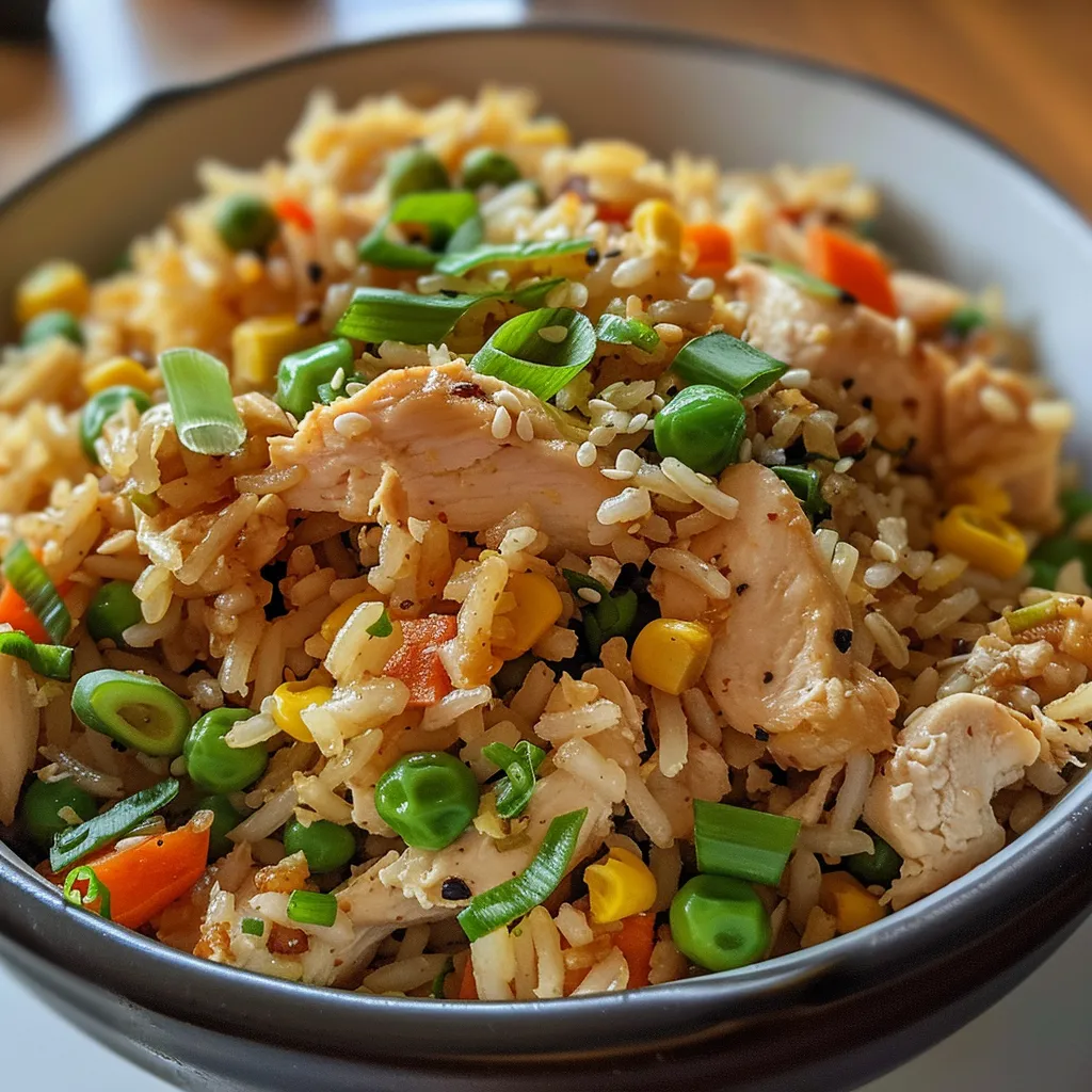 An appetizing serving of chicken fried rice with bits of chicken, eggs, and fresh greens.