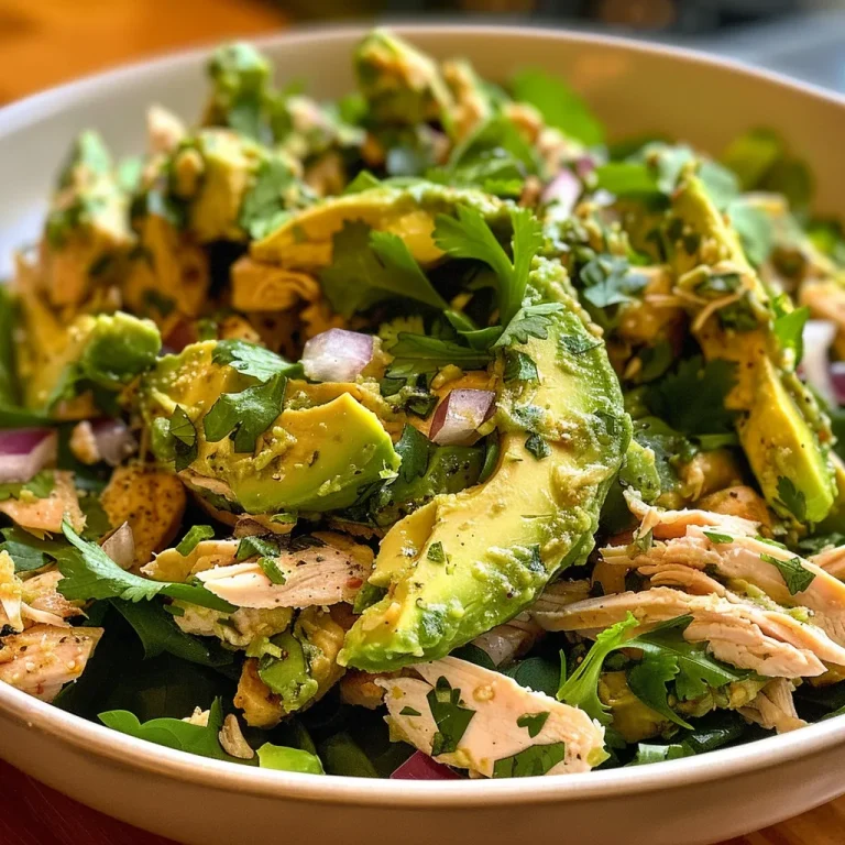 Juicy avocado chicken salad garnished with fresh herbs and diced onions.