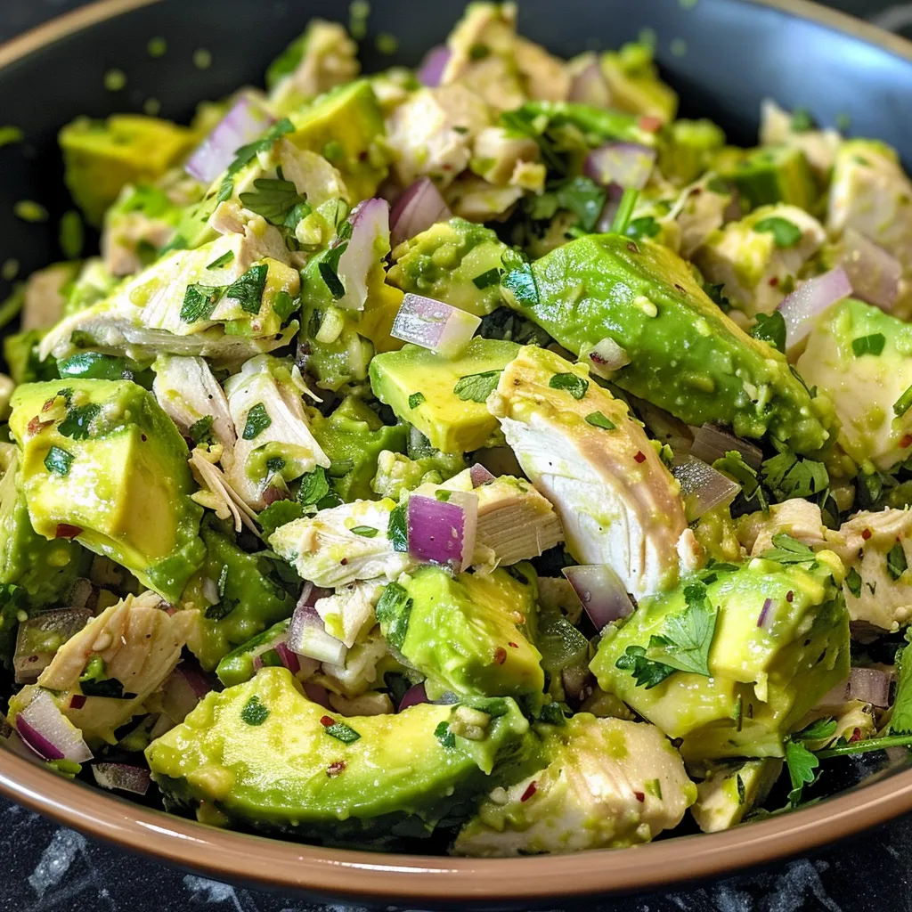 An appetizing depiction of avocado chicken salad, showcasing the ingredients like diced red onion and cilantro.