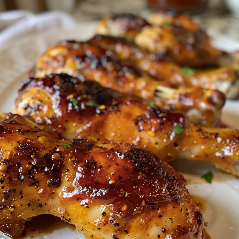 Side view of succulent baked chicken thighs coated in BBQ sauce.