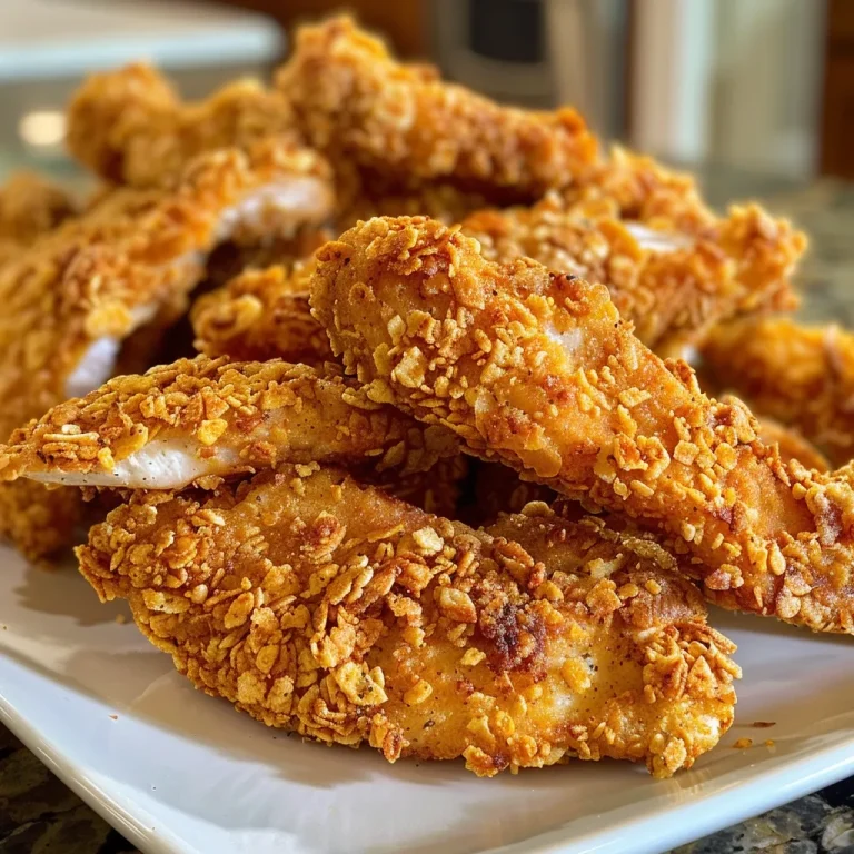 Crunchy Adventures: Discovering Flavor with Baked Cornflake-Crusted Chicken Strips Crispy cornflake chicken strips with a rich golden color, highlighting their crunchy texture.