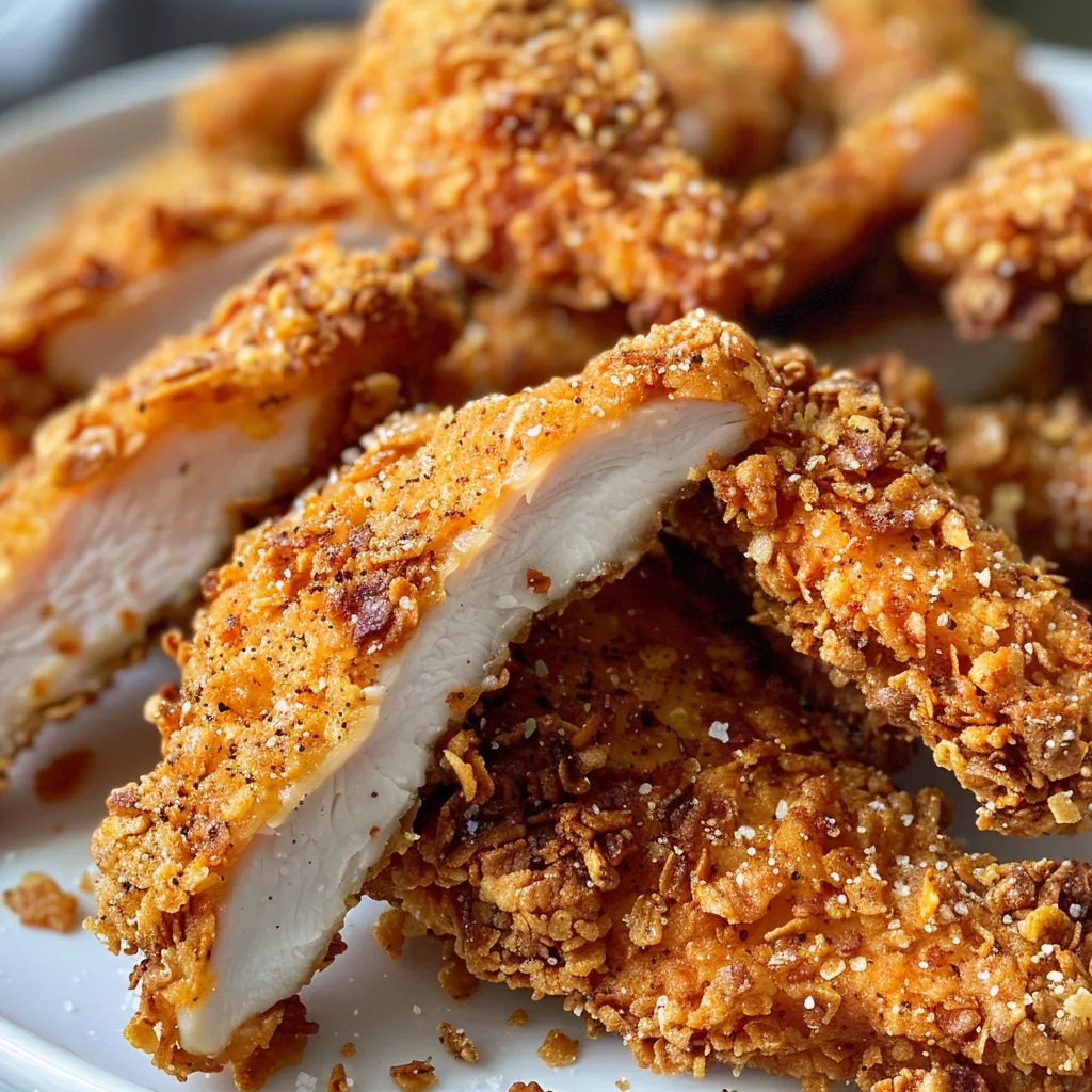 Appetizing baked chicken strips with a cornflake coating, emphasizing their juiciness and flavor.