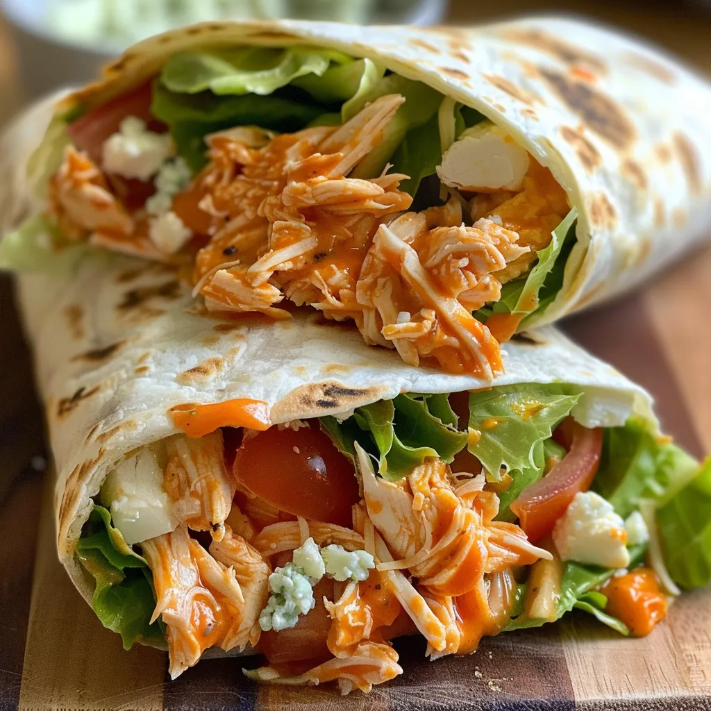Close-up image of a Buffalo Chicken Wrap revealing its filling of chicken, lettuce, and ranch dressing.
