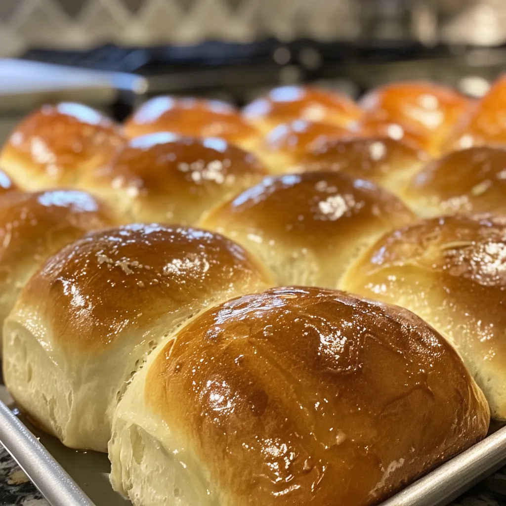 Juicy buttermilk rolls glistening with melted butter on top.