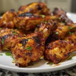Side view of succulent chicken thighs coated in barbecue sauce.