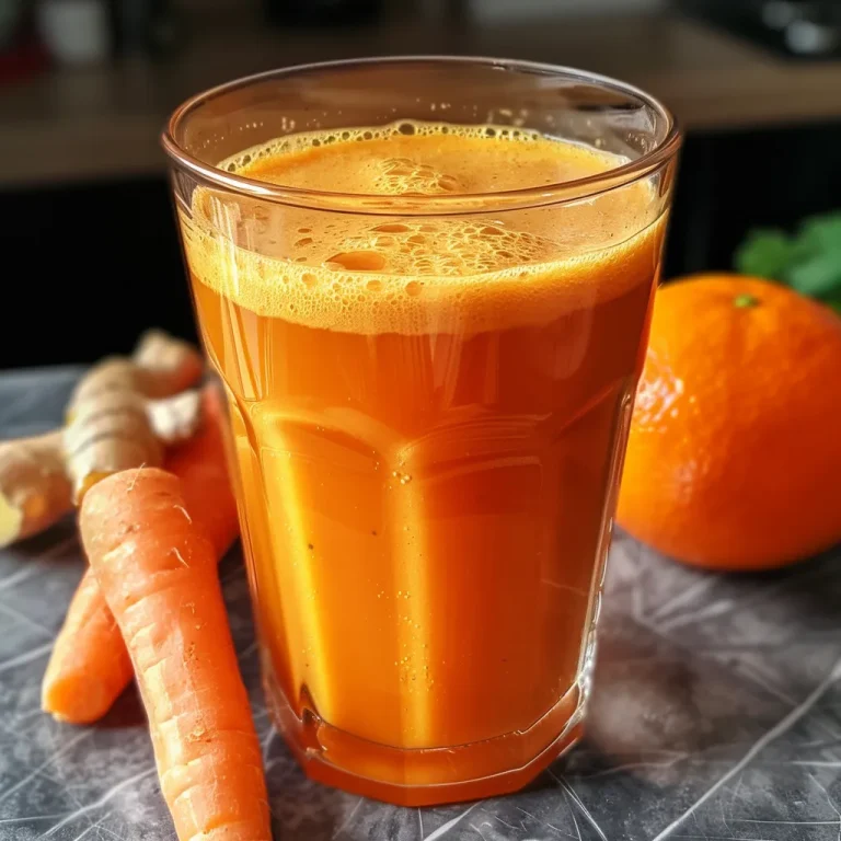 Juicy Carrot Orange Ginger Juice in a glass, showcasing a rich orange color and visible ice.
