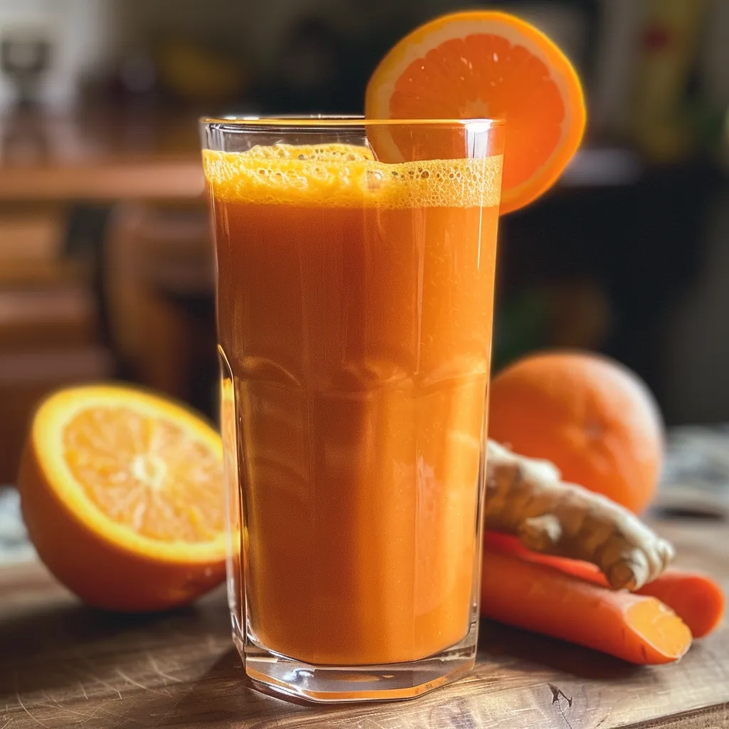 Refreshing drink made from carrots, oranges, and ginger, presented in a glass with a slice of ginger on the rim.