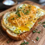 Juicy cheesy egg toast presented on a plate, showcasing its gooey filling.