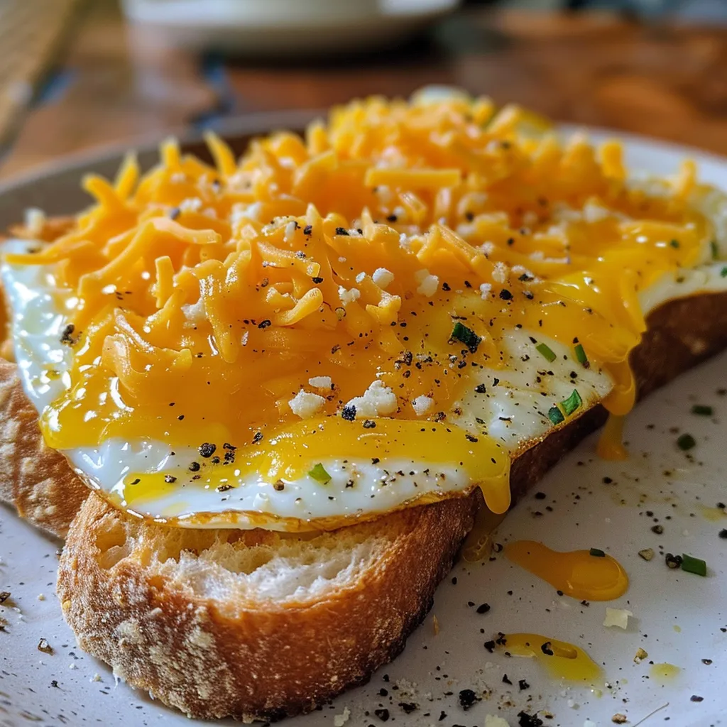 Beautifully toasted sourdough bread topped with eggs and cheddar cheese.