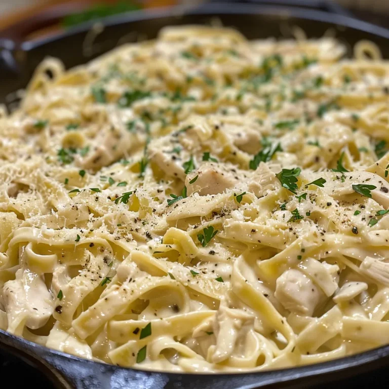 Side view of Chicken Alfredo pasta garnished with parsley and a rich sauce.