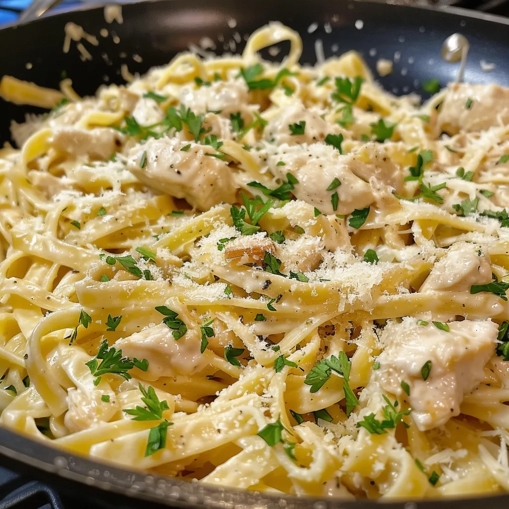 Juicy Chicken Alfredo pasta with visible garlic and creamy texture in a dish.