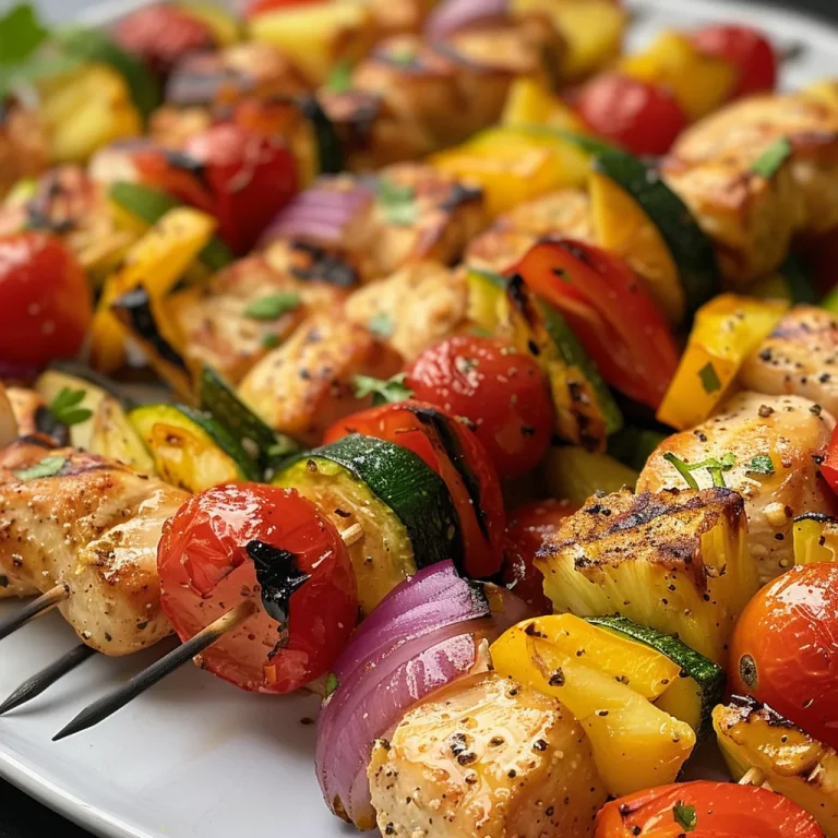 Grilled chicken pieces and assorted vegetables threaded on skewers, garnished with herbs.