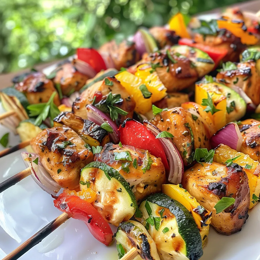 Side view of a plate of chicken and vegetable skewers with a variety of fresh ingredients.