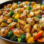 Juicy chicken and a medley of vegetables arranged in a skillet, showcasing fresh ingredients.