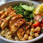 Side angle of a nutritious chickpea bowl featuring juicy chicken and garnished with parsley.