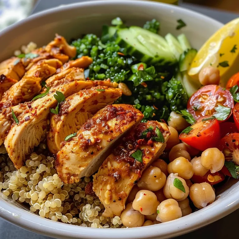 Side angle of a nutritious chickpea bowl featuring juicy chicken and garnished with parsley.