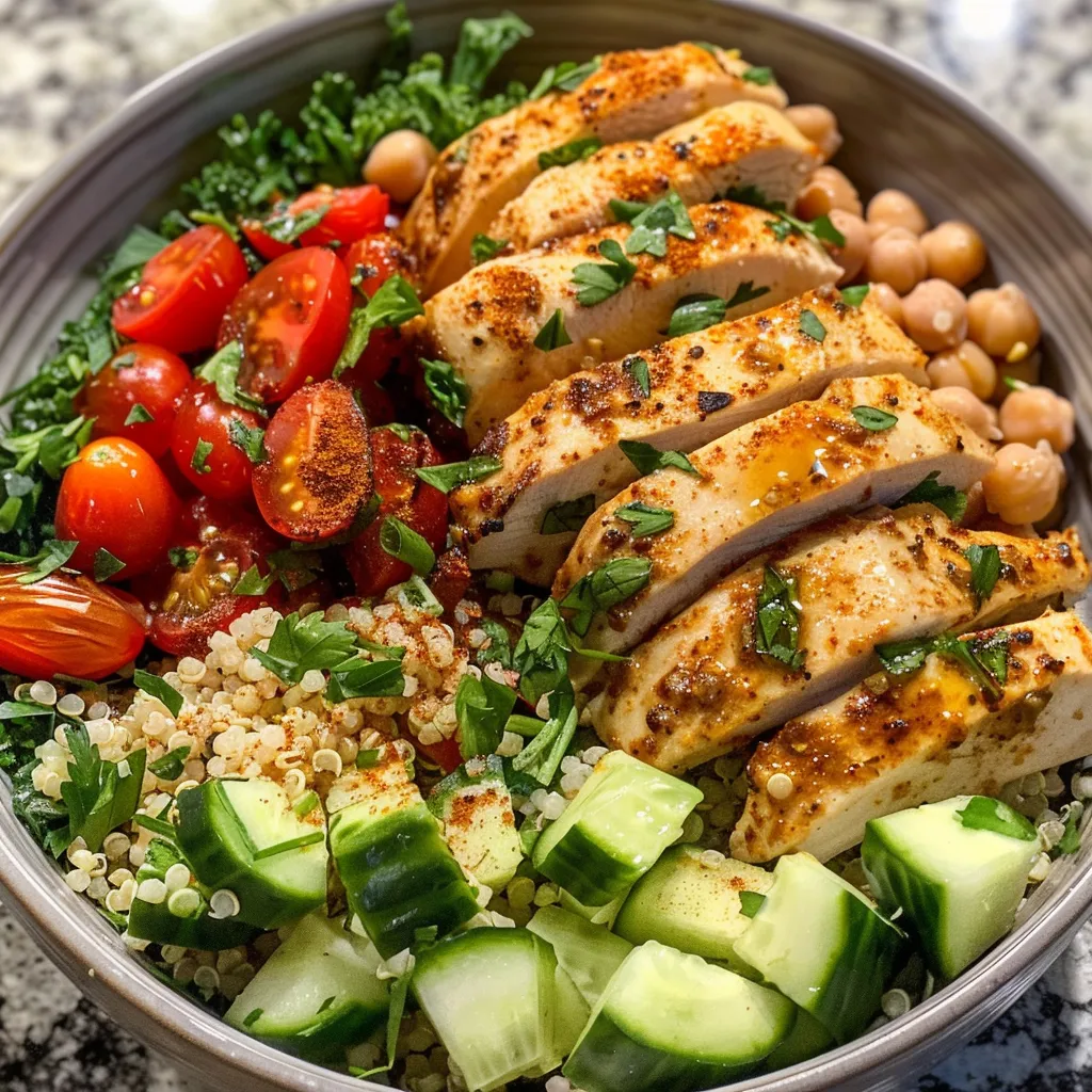 Detailed image of a protein-packed chicken and chickpea dish with quinoa and vegetables.