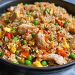 A plate of Chicken Fried Rice featuring diced chicken, peas, and carrots.