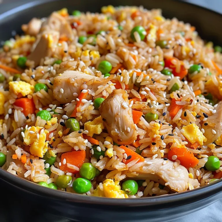 A Culinary Adventure: Discovering the Heart of Chicken Fried Rice Juicy chicken fried rice in a bowl, showcasing eggs, peas, carrots, and garnished with sesame seeds on top.
