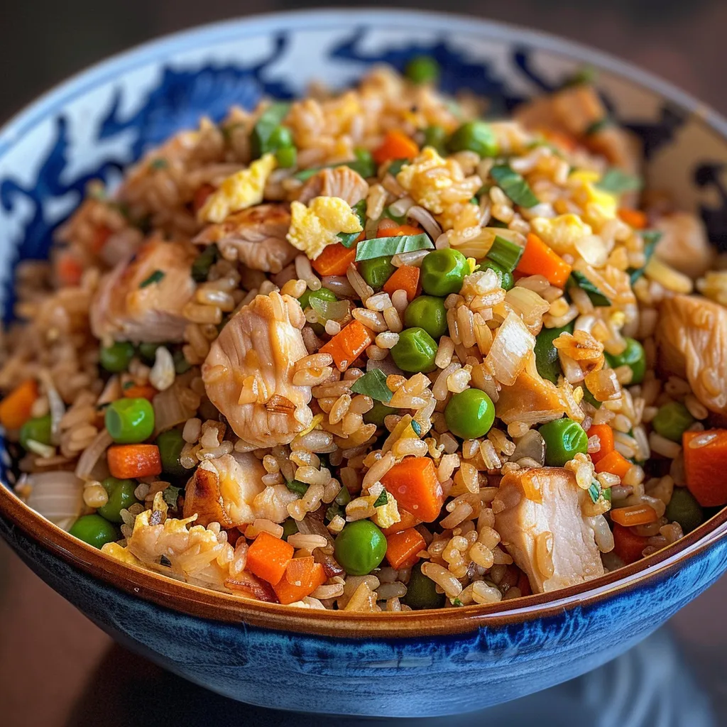 Side view of a delicious serving of Chicken Fried Rice with tender chicken and bright vegetables.